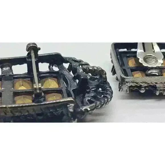 Art Deco Topaz Crystal Brooch Earrings Set Midnight Madness Sarah Coventry 60s - Picture 6 of 8